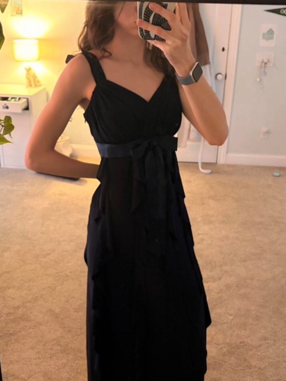 Vintage Betsy & Adam navy maxi dress with ruffles and bow detail